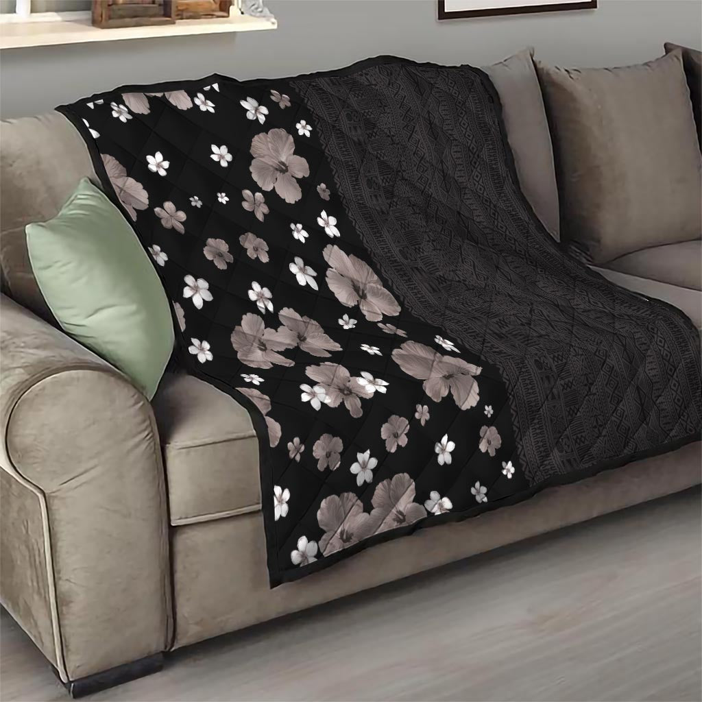 Hawaii Hibiscus and Plumeria Flowers Quilt Tapa Tribal Pattern Half Style Grayscale Mode