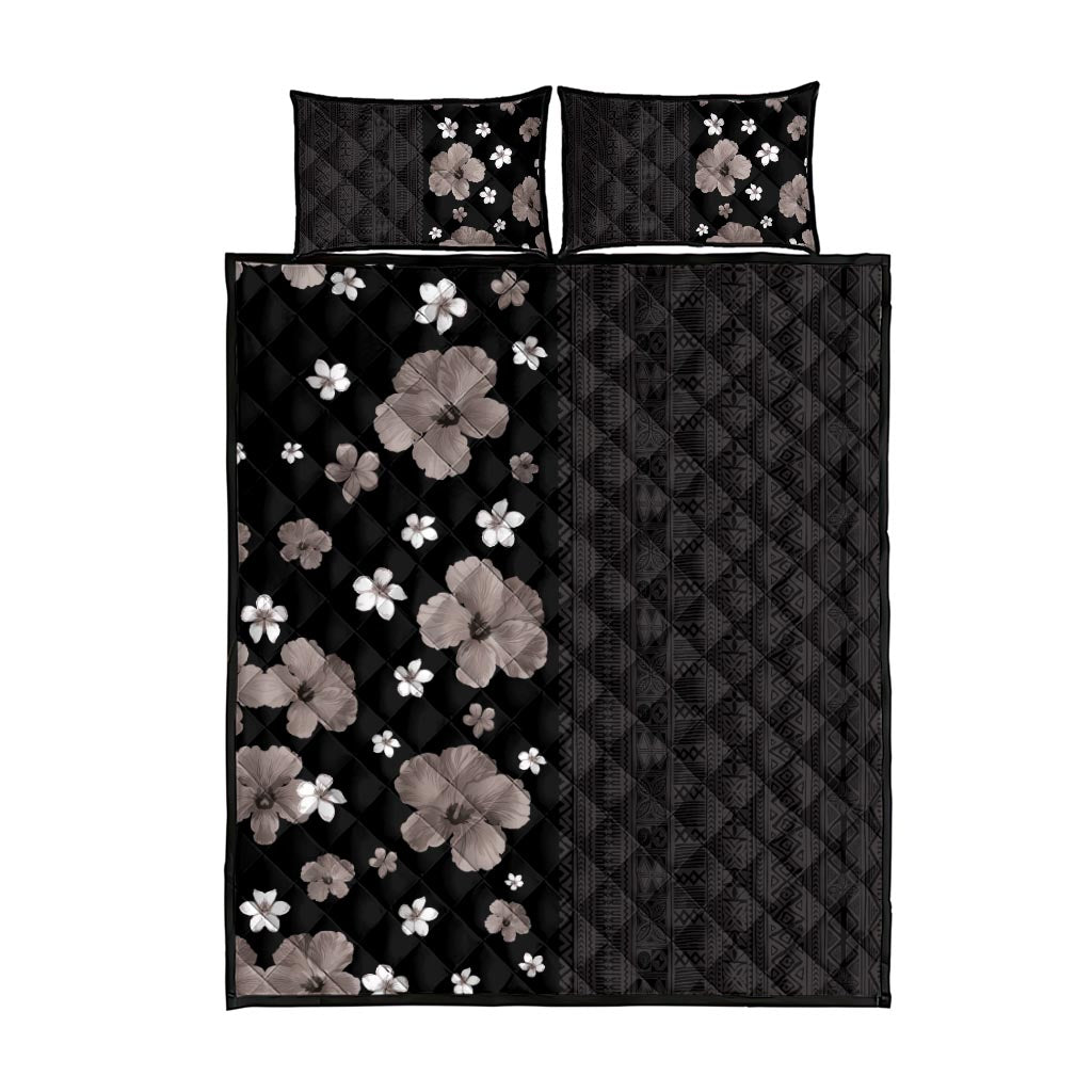 Hawaii Hibiscus and Plumeria Flowers Quilt Bed Set Tapa Tribal Pattern Half Style Grayscale Mode