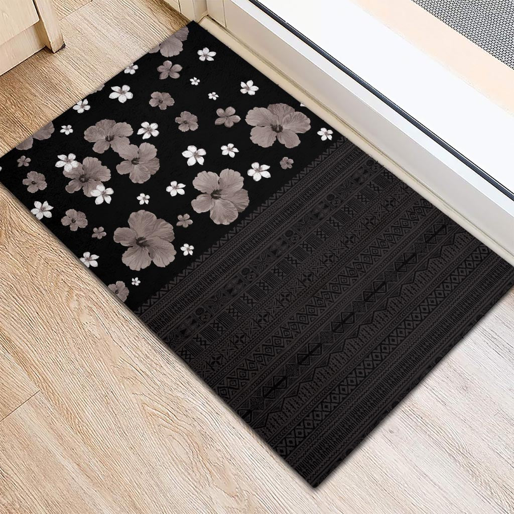 Hawaii Hibiscus and Plumeria Flowers Rubber Doormat Tapa Tribal Pattern Half Style Grayscale Mode
