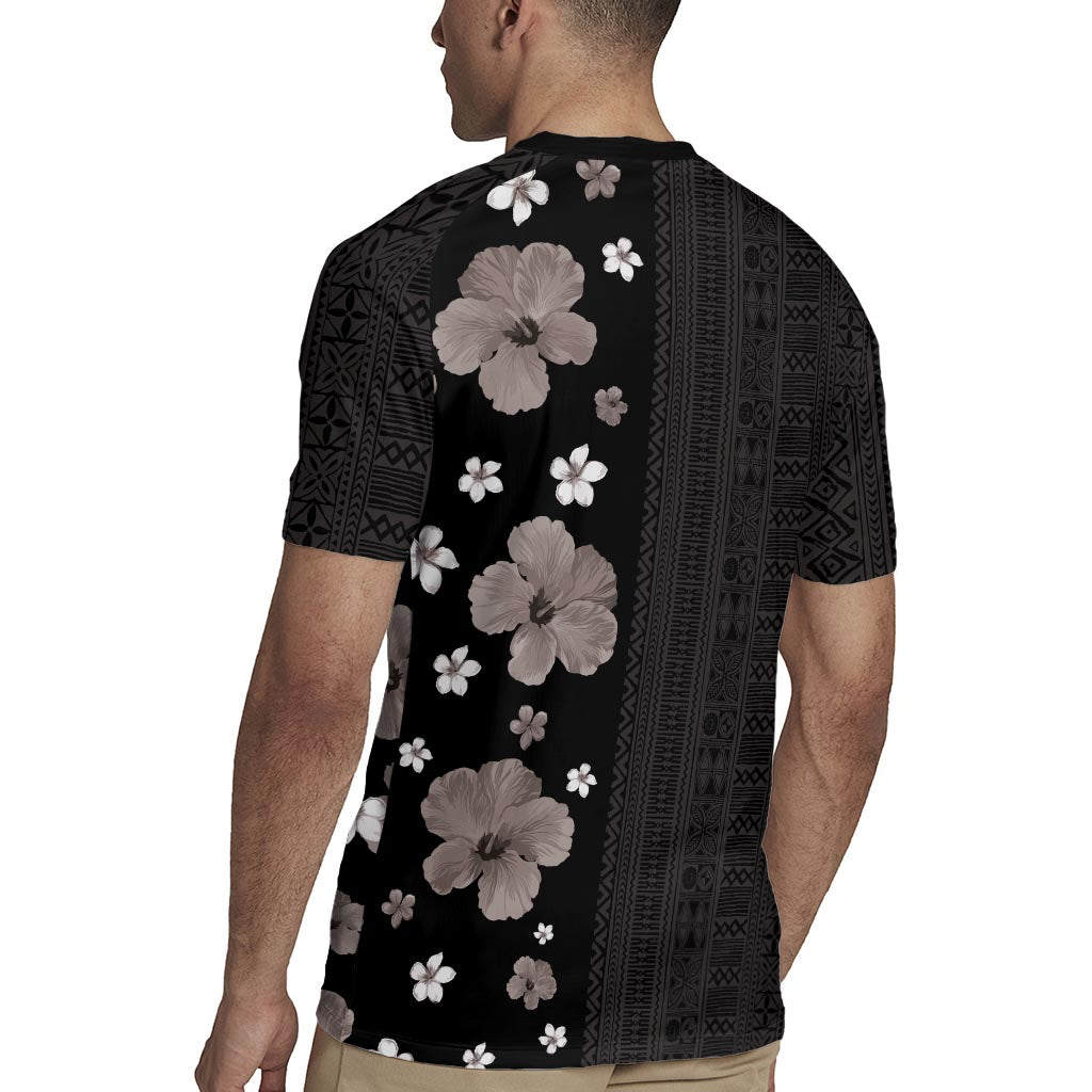 Hawaii Hibiscus and Plumeria Flowers Rugby Jersey Tapa Tribal Pattern Half Style Grayscale Mode