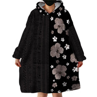 Hawaii Hibiscus and Plumeria Flowers Wearable Blanket Hoodie Tapa Tribal Pattern Half Style Grayscale Mode