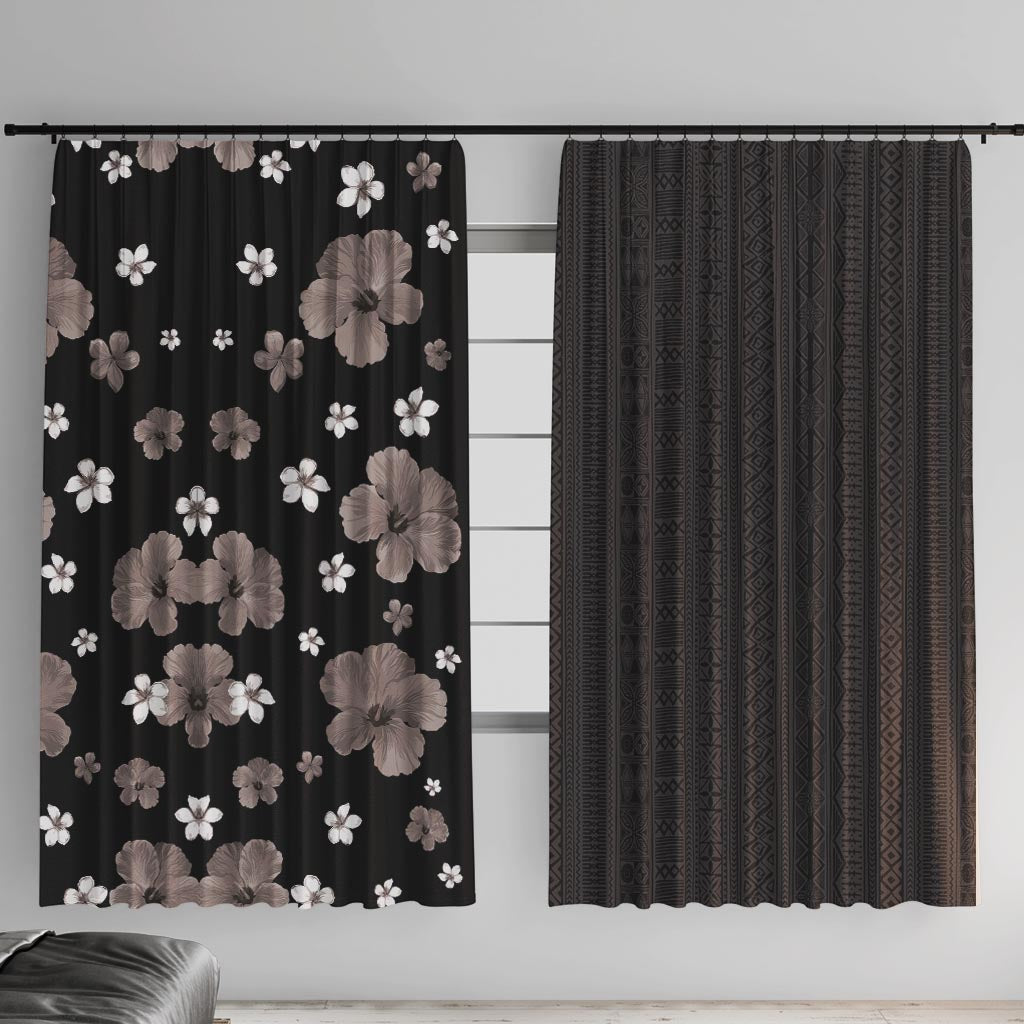 Hawaii Hibiscus and Plumeria Flowers Window Curtain Tapa Tribal Pattern Half Style Grayscale Mode