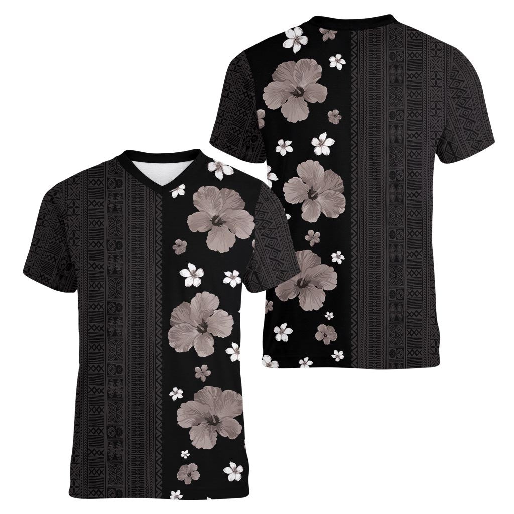 Hawaii Hibiscus and Plumeria Flowers Women V-Neck T-Shirt Tapa Tribal Pattern Half Style Grayscale Mode