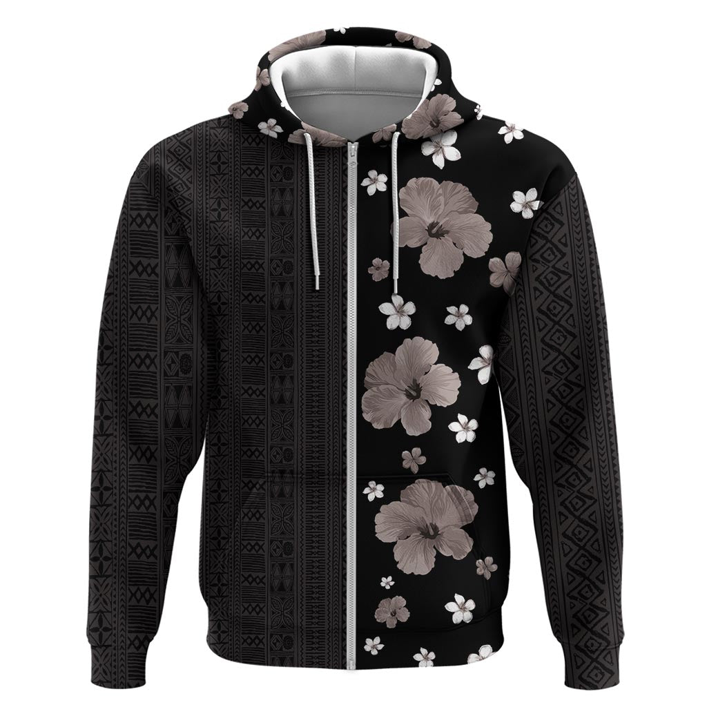 Hawaii Hibiscus and Plumeria Flowers Zip Hoodie Tapa Tribal Pattern Half Style Grayscale Mode