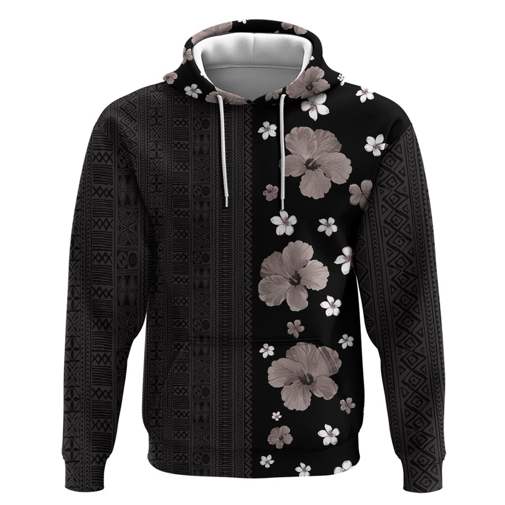 Hawaii Hibiscus and Plumeria Flowers Zip Hoodie Tapa Tribal Pattern Half Style Grayscale Mode
