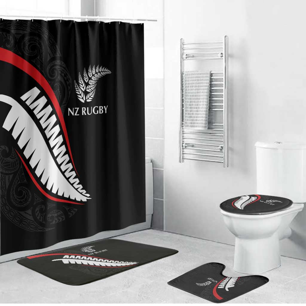 New Zealand Rugby Bathroom Set Sporty Silver Fern Shape with Maori Tattoos - Polynesian Pride