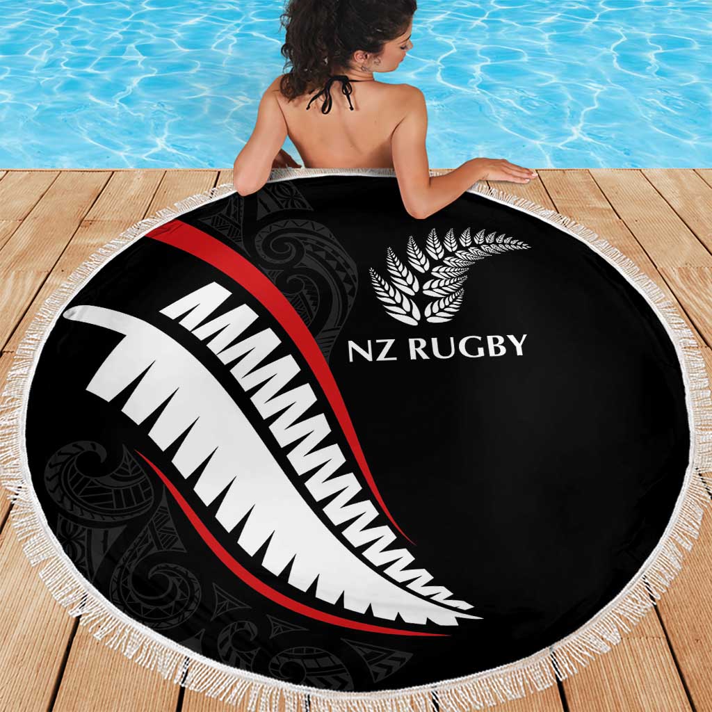 New Zealand Rugby Beach Blanket Sporty Silver Fern Shape with Maori Tattoos - Polynesian Pride