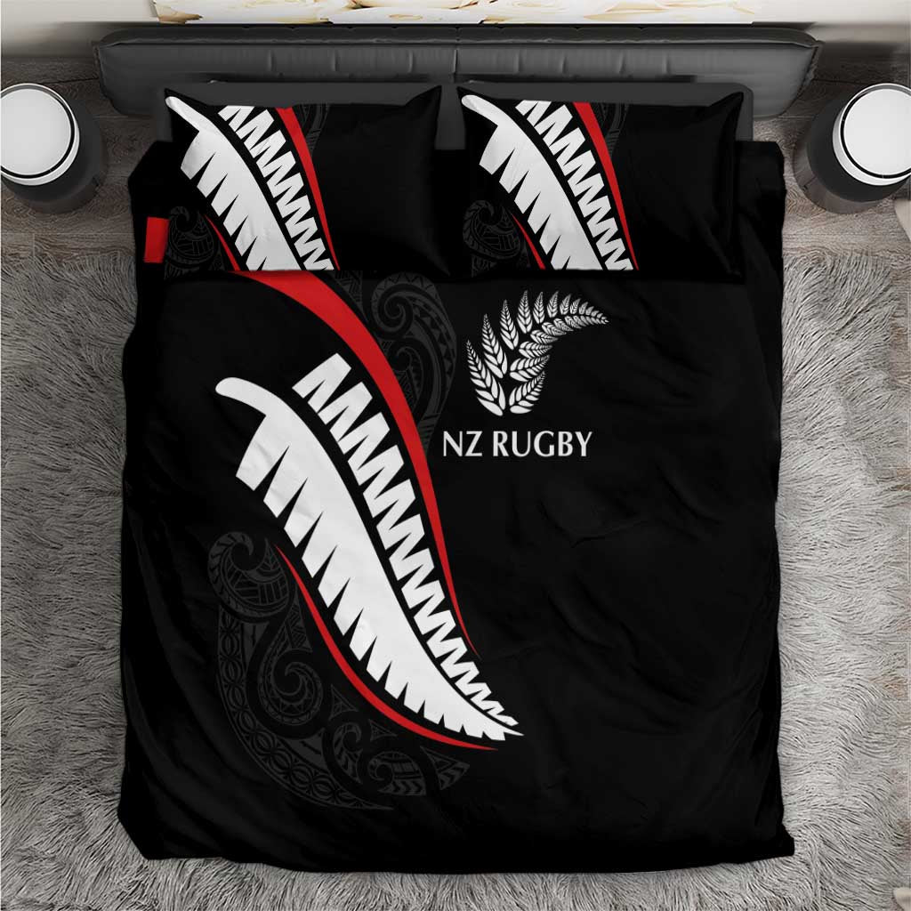 New Zealand Rugby Bedding Set Sporty Silver Fern Shape with Maori Tattoos - Polynesian Pride