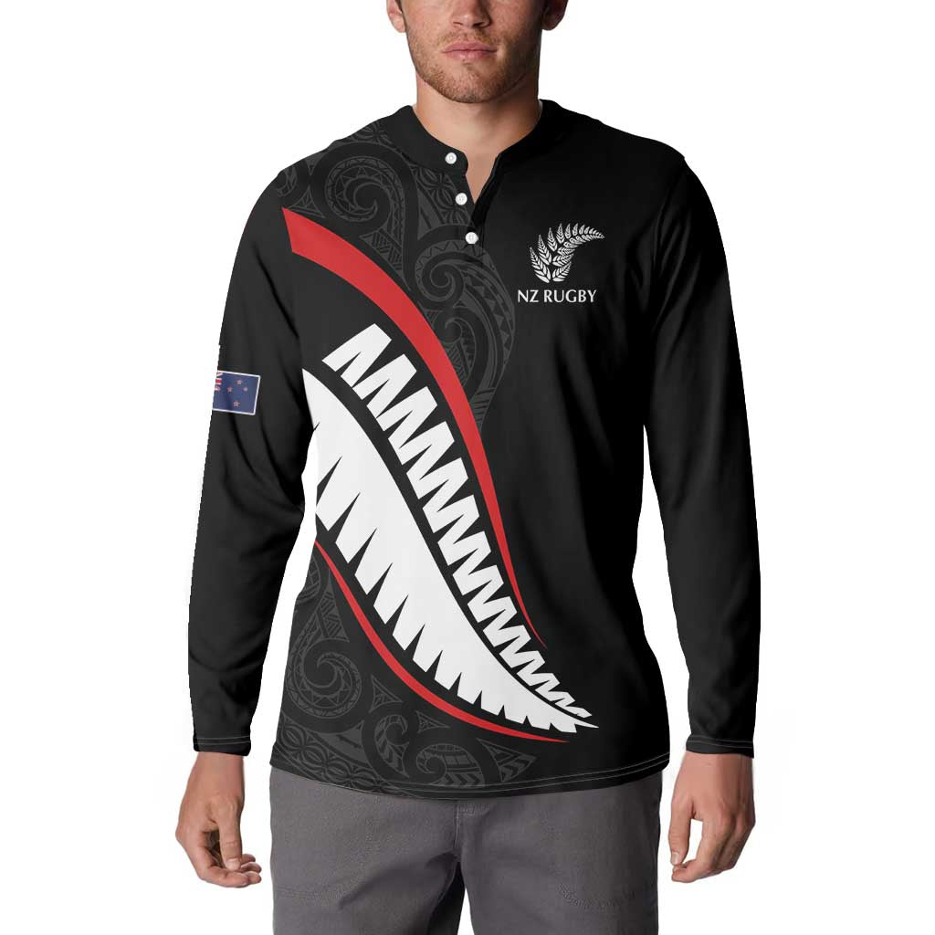 New Zealand Rugby Custom Button Sweatshirt Sporty Silver Fern Shape with Maori Tattoos - Polynesian Pride