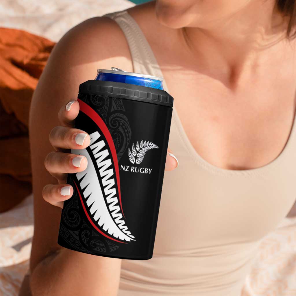 New Zealand Rugby Custom 4 in 1 Can Cooler Tumbler Sporty Silver Fern Shape with Maori Tattoos - Polynesian Pride