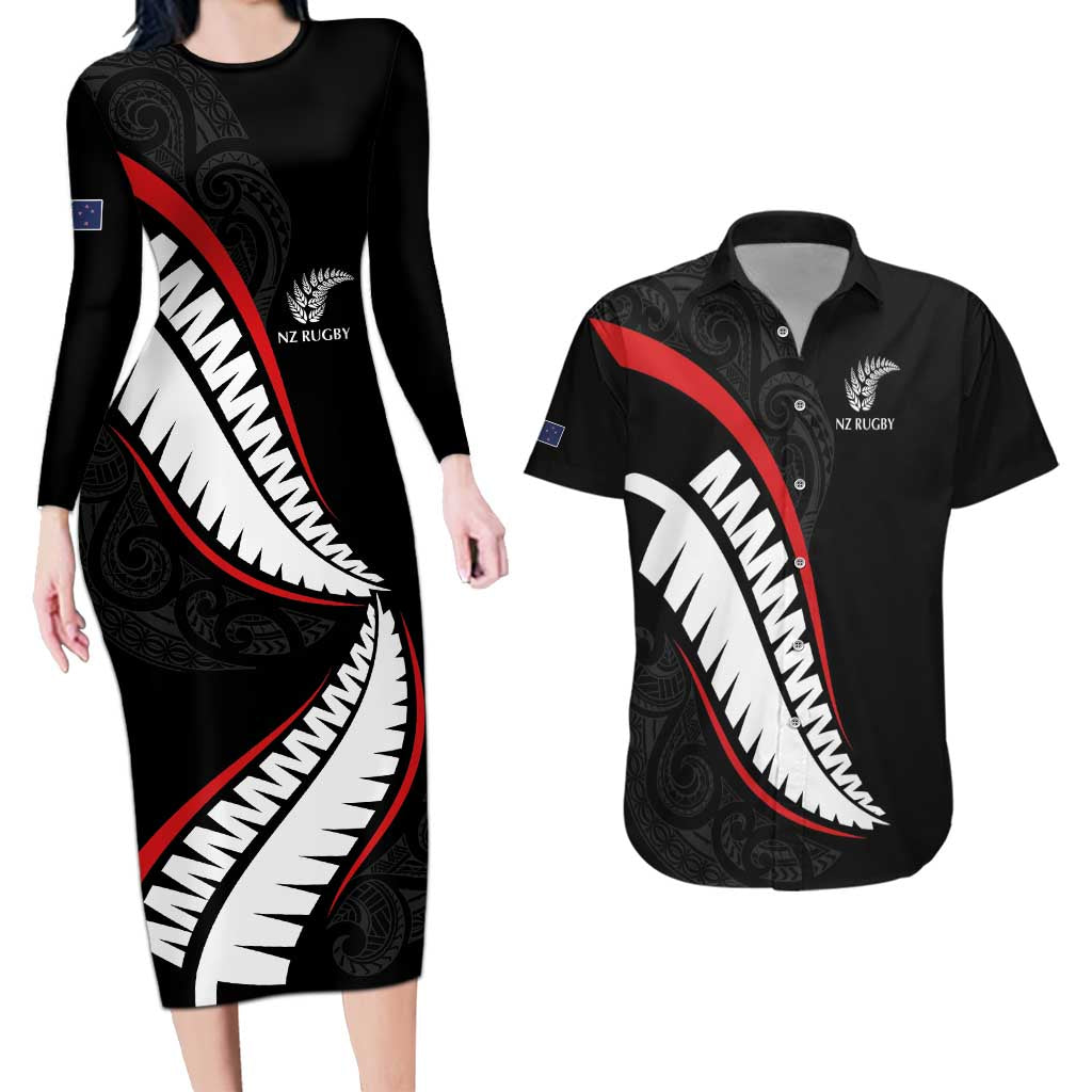 New Zealand Rugby Custom Couples Matching Long Sleeve Bodycon Dress and Hawaiian Shirt Sporty Silver Fern Shape with Maori Tattoos - Polynesian Pride