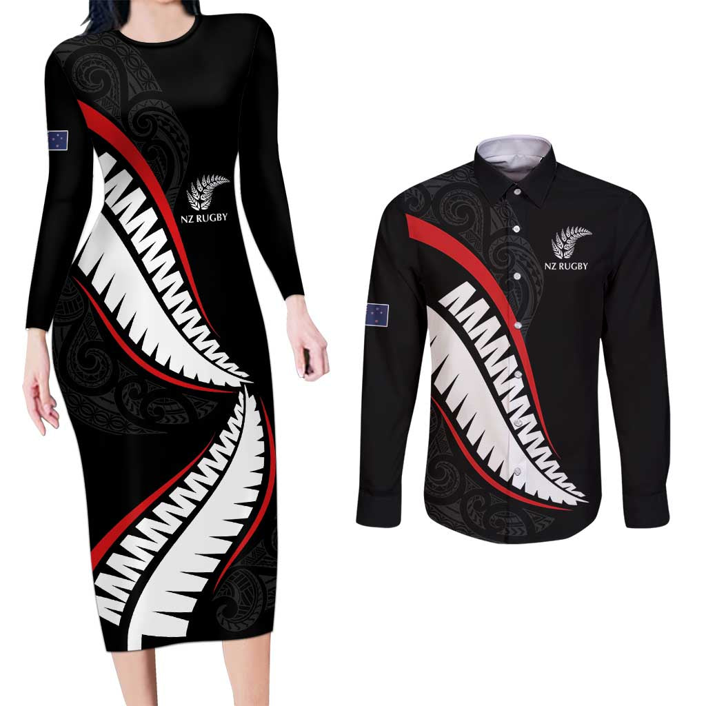 New Zealand Rugby Custom Couples Matching Long Sleeve Bodycon Dress and Long Sleeve Button Shirt Sporty Silver Fern Shape with Maori Tattoos LT03 Black - Polynesian Pride