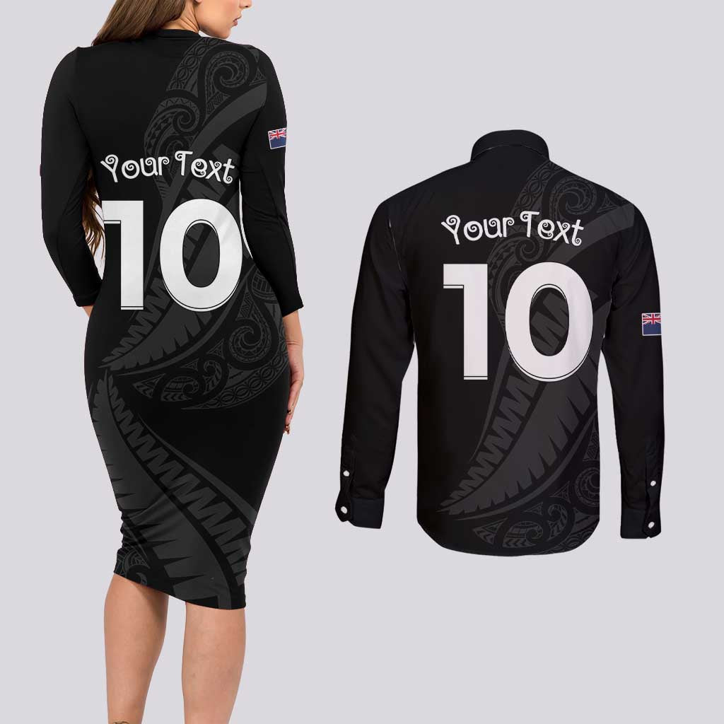 New Zealand Rugby Custom Couples Matching Long Sleeve Bodycon Dress and Long Sleeve Button Shirt Sporty Silver Fern Shape with Maori Tattoos LT03 - Polynesian Pride
