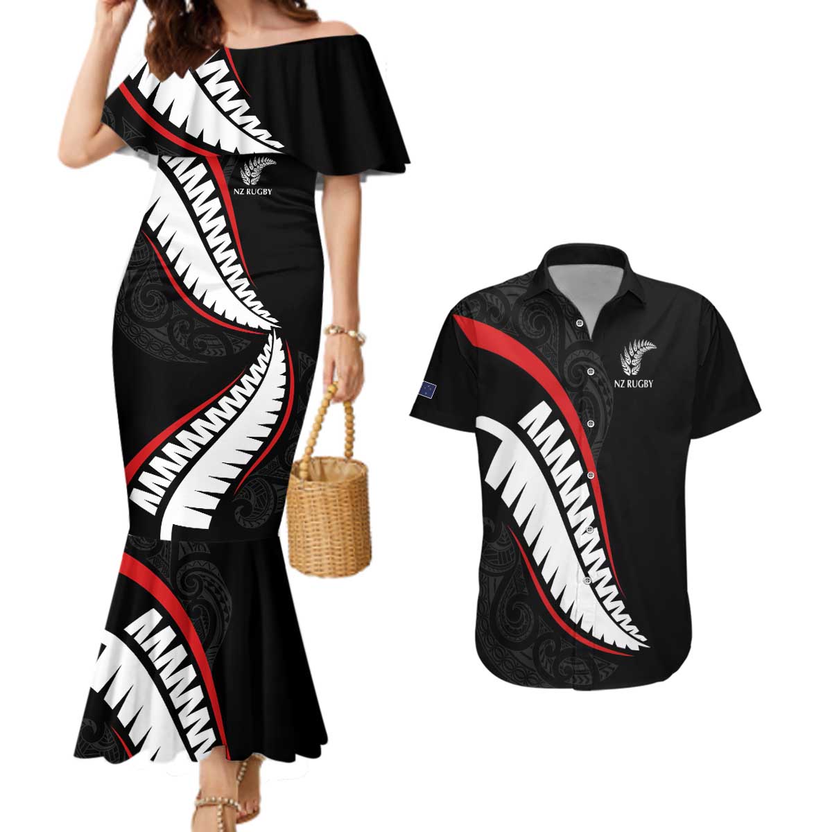 New Zealand Rugby Custom Couples Matching Mermaid Dress and Hawaiian Shirt Sporty Silver Fern Shape with Maori Tattoos LT03 Black - Polynesian Pride