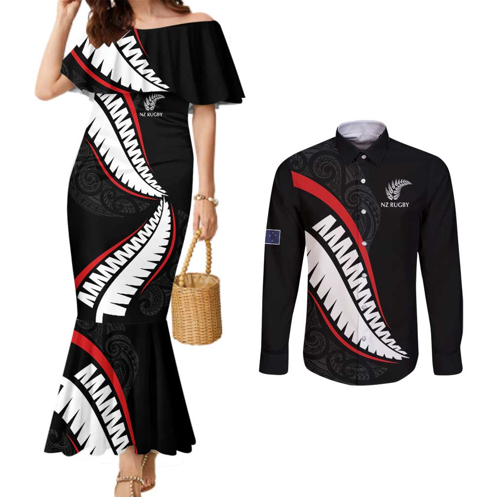 New Zealand Rugby Custom Couples Matching Mermaid Dress and Long Sleeve Button Shirt Sporty Silver Fern Shape with Maori Tattoos LT03 Black - Polynesian Pride