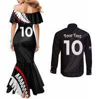 New Zealand Rugby Custom Couples Matching Mermaid Dress and Long Sleeve Button Shirt Sporty Silver Fern Shape with Maori Tattoos LT03 - Polynesian Pride