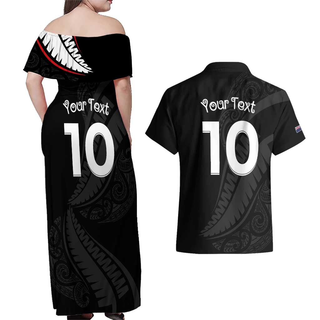 New Zealand Rugby Custom Couples Matching Off Shoulder Maxi Dress and Hawaiian Shirt Sporty Silver Fern Shape with Maori Tattoos LT03 - Polynesian Pride