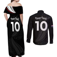 New Zealand Rugby Custom Couples Matching Off Shoulder Maxi Dress and Long Sleeve Button Shirt Sporty Silver Fern Shape with Maori Tattoos LT03 - Polynesian Pride