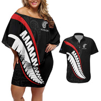 New Zealand Rugby Custom Couples Matching Off Shoulder Short Dress and Hawaiian Shirt Sporty Silver Fern Shape with Maori Tattoos LT03 Black - Polynesian Pride