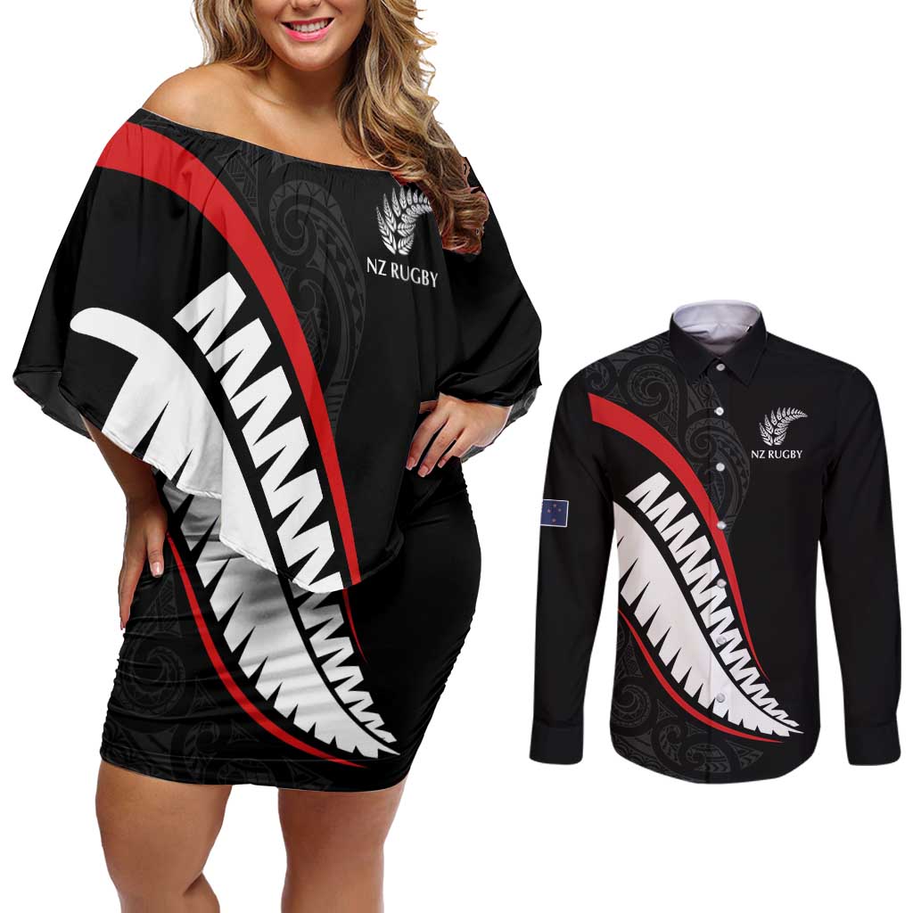 New Zealand Rugby Custom Couples Matching Off Shoulder Short Dress and Long Sleeve Button Shirt Sporty Silver Fern Shape with Maori Tattoos LT03 Black - Polynesian Pride