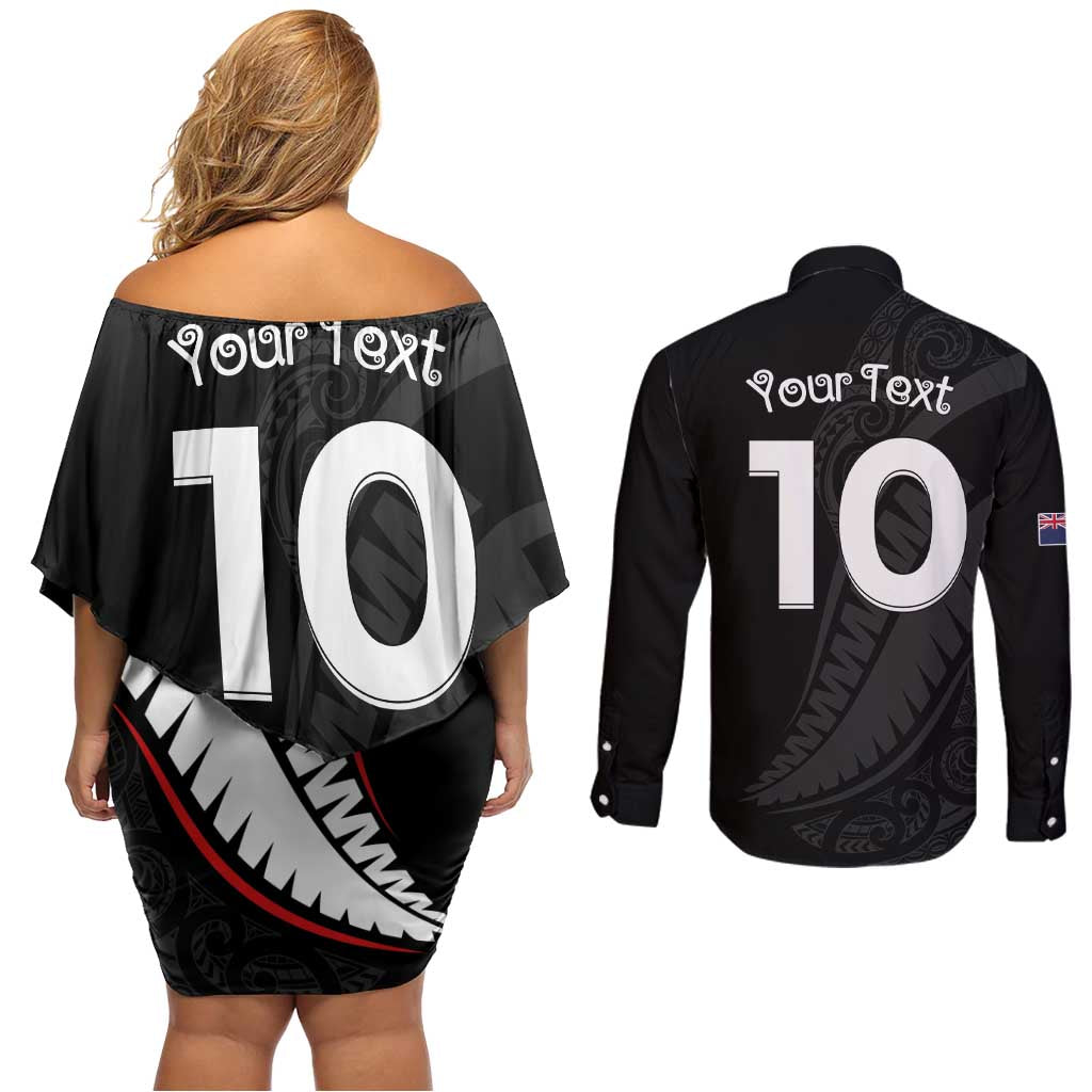 New Zealand Rugby Custom Couples Matching Off Shoulder Short Dress and Long Sleeve Button Shirt Sporty Silver Fern Shape with Maori Tattoos LT03 - Polynesian Pride