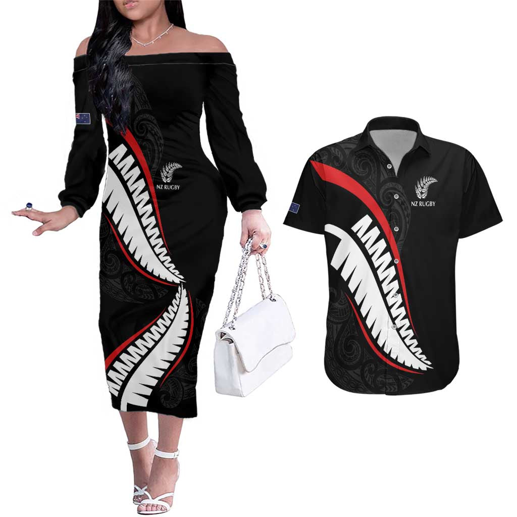 New Zealand Rugby Custom Couples Matching Off The Shoulder Long Sleeve Dress and Hawaiian Shirt Sporty Silver Fern Shape with Maori Tattoos LT03 Black - Polynesian Pride
