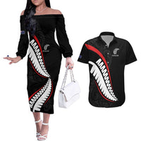 New Zealand Rugby Custom Couples Matching Off The Shoulder Long Sleeve Dress and Hawaiian Shirt Sporty Silver Fern Shape with Maori Tattoos LT03 Black - Polynesian Pride