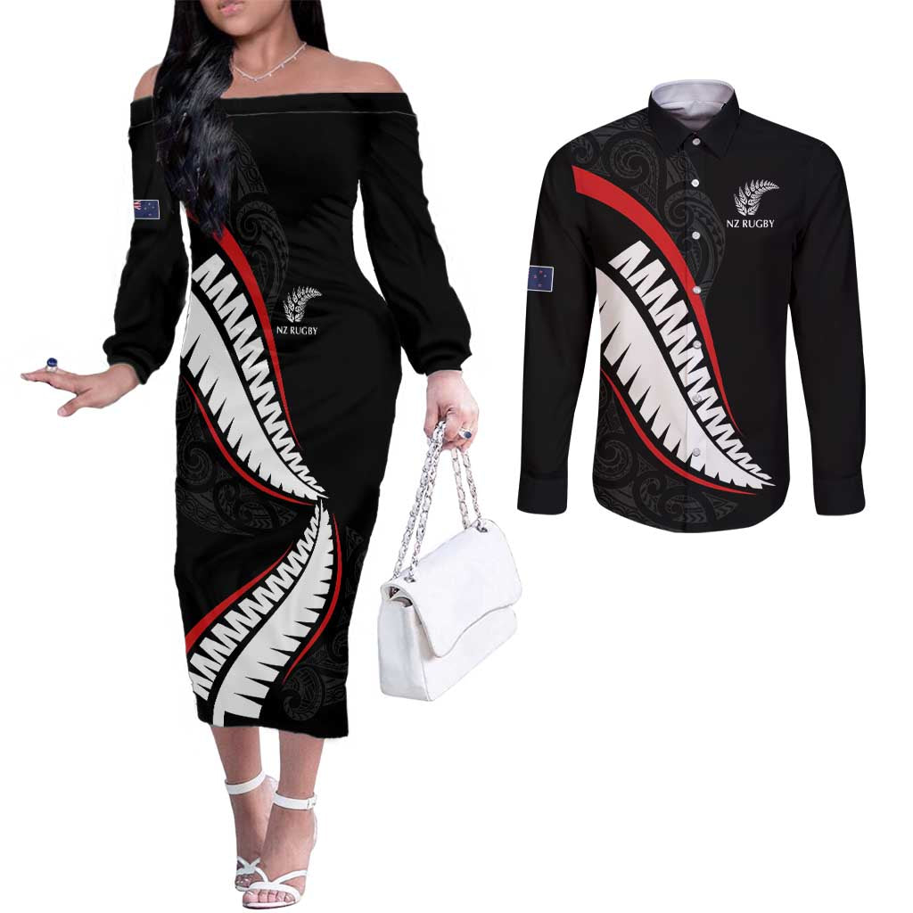 New Zealand Rugby Custom Couples Matching Off The Shoulder Long Sleeve Dress and Long Sleeve Button Shirt Sporty Silver Fern Shape with Maori Tattoos LT03 Black - Polynesian Pride