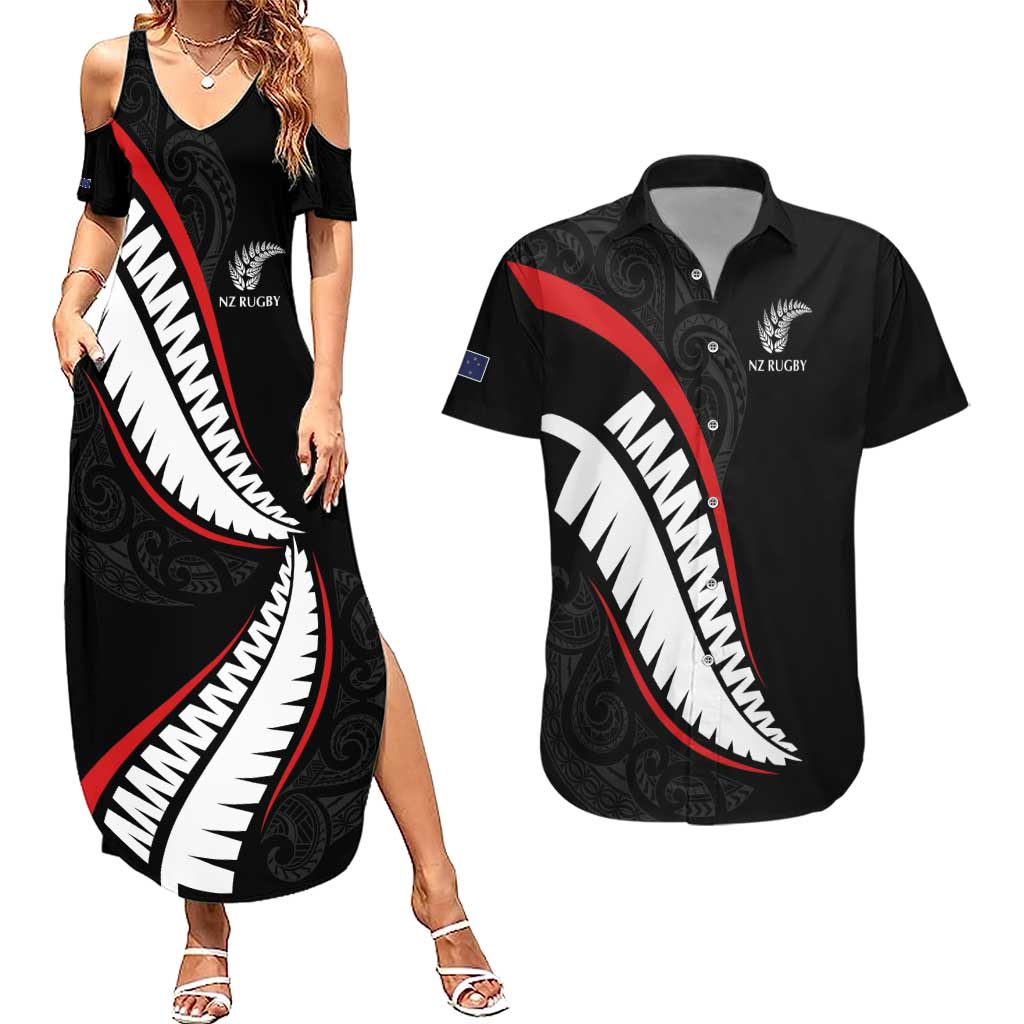 New Zealand Rugby Custom Couples Matching Summer Maxi Dress and Hawaiian Shirt Sporty Silver Fern Shape with Maori Tattoos - Polynesian Pride