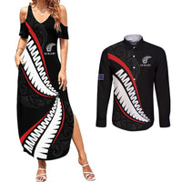 New Zealand Rugby Custom Couples Matching Summer Maxi Dress and Long Sleeve Button Shirt Sporty Silver Fern Shape with Maori Tattoos LT03 Black - Polynesian Pride