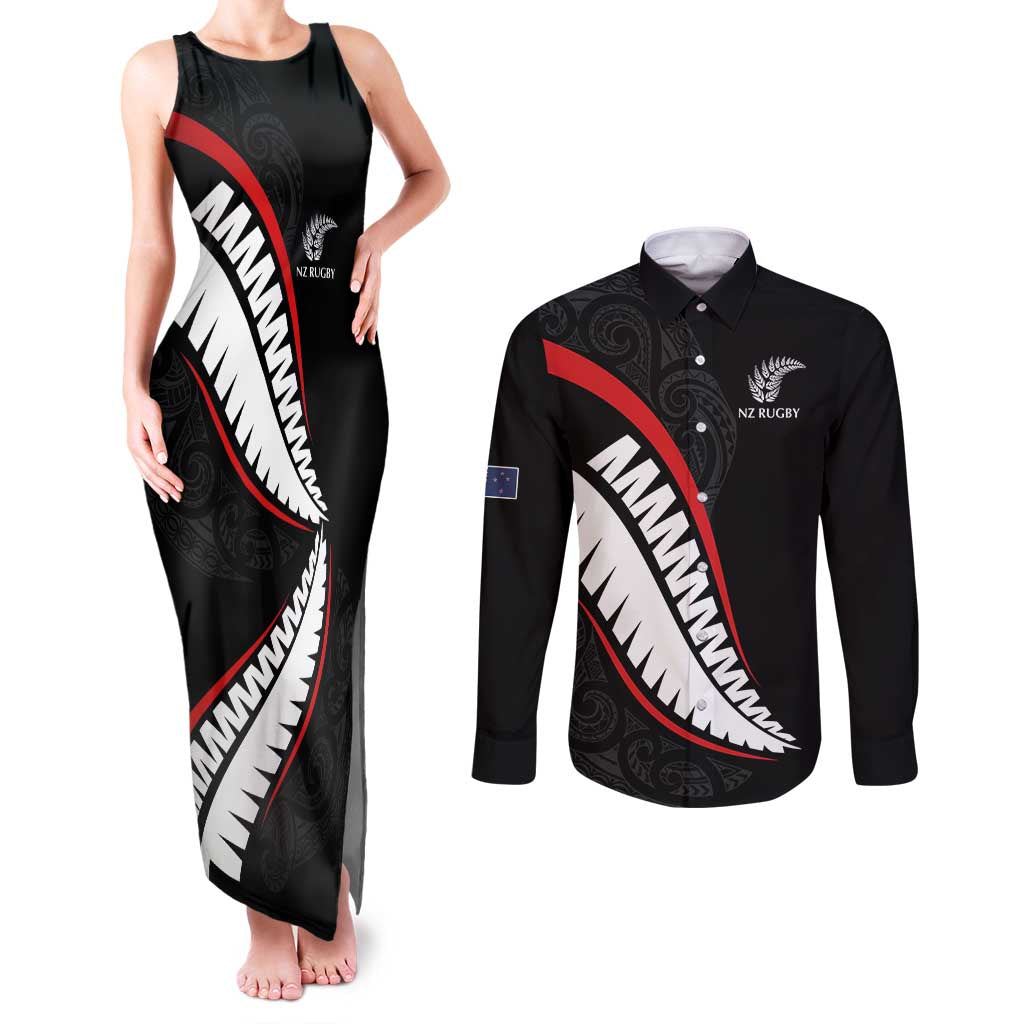 New Zealand Rugby Custom Couples Matching Tank Maxi Dress and Long Sleeve Button Shirt Sporty Silver Fern Shape with Maori Tattoos LT03 Black - Polynesian Pride