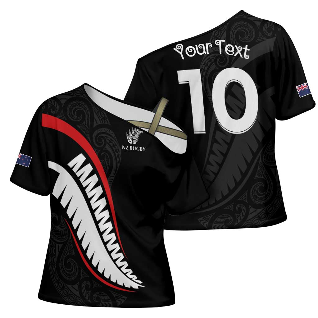 New Zealand Rugby Custom Cross Shoulder Shirt Sporty Silver Fern Shape with Maori Tattoos - Polynesian Pride