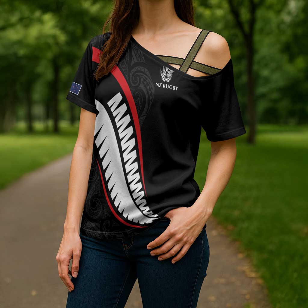 New Zealand Rugby Custom Cross Shoulder Shirt Sporty Silver Fern Shape with Maori Tattoos - Polynesian Pride