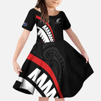 New Zealand Rugby Custom Family Matching Off The Shoulder Long Sleeve Dress and Hawaiian Shirt Sporty Silver Fern Shape with Maori Tattoos LT03 Daughter's Dress Black - Polynesian Pride