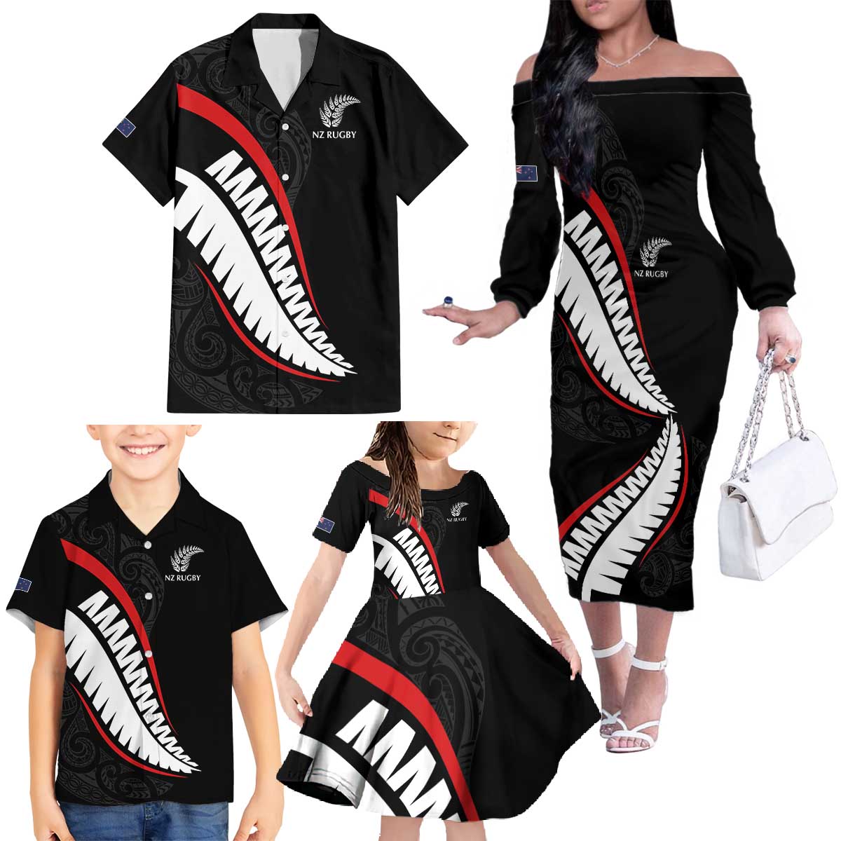 New Zealand Rugby Custom Family Matching Off The Shoulder Long Sleeve Dress and Hawaiian Shirt Sporty Silver Fern Shape with Maori Tattoos LT03 - Polynesian Pride