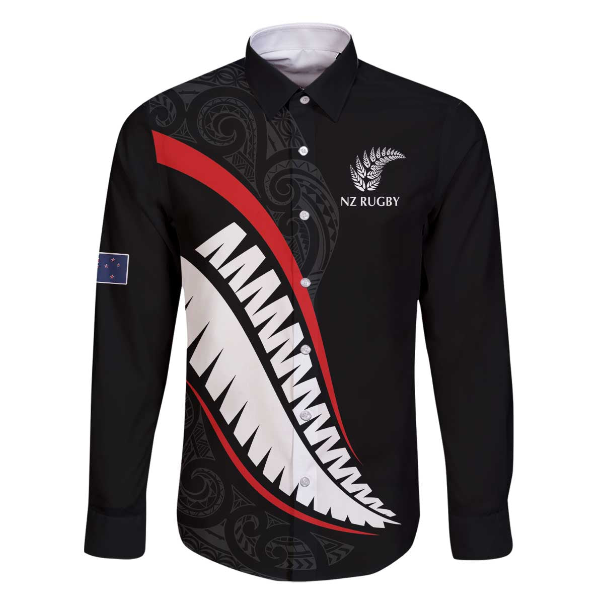 New Zealand Rugby Custom Family Matching Off The Shoulder Long Sleeve Dress and Hawaiian Shirt Sporty Silver Fern Shape with Maori Tattoos LT03 Dad's Shirt - Long Sleeve Black - Polynesian Pride