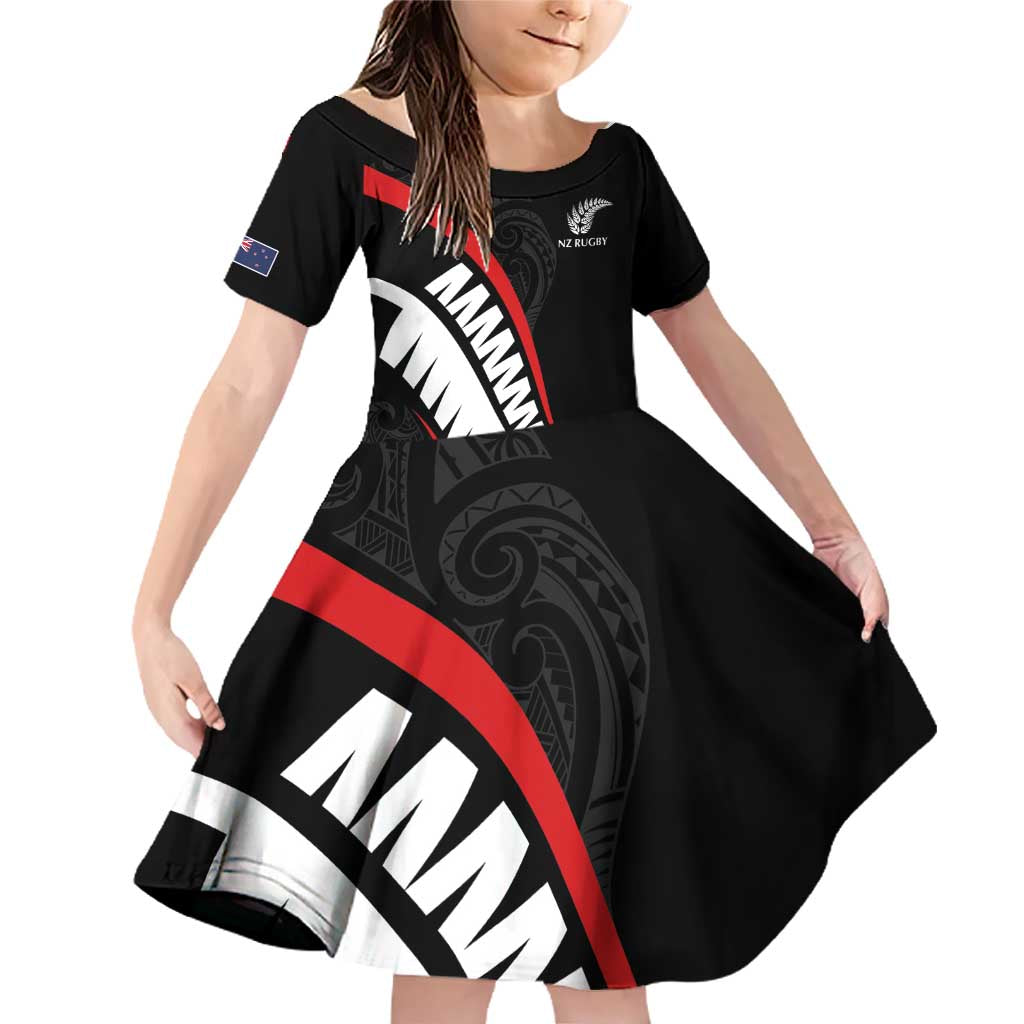 New Zealand Rugby Custom Family Matching Off Shoulder Short Dress and Hawaiian Shirt Sporty Silver Fern Shape with Maori Tattoos - Polynesian Pride
