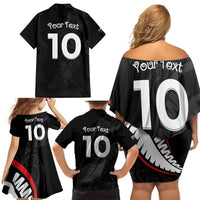 New Zealand Rugby Custom Family Matching Off Shoulder Short Dress and Hawaiian Shirt Sporty Silver Fern Shape with Maori Tattoos - Polynesian Pride