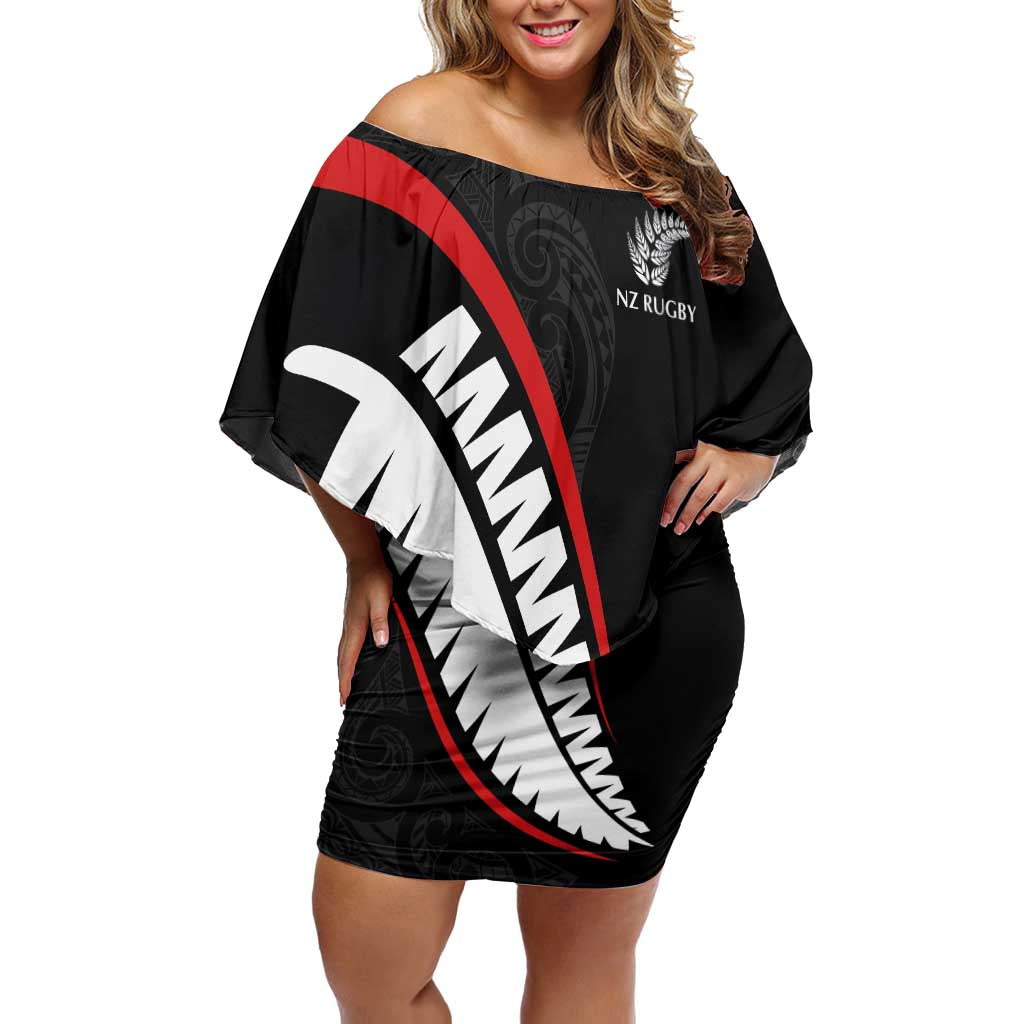 New Zealand Rugby Custom Family Matching Off Shoulder Short Dress and Hawaiian Shirt Sporty Silver Fern Shape with Maori Tattoos - Polynesian Pride