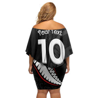 New Zealand Rugby Custom Family Matching Off Shoulder Short Dress and Hawaiian Shirt Sporty Silver Fern Shape with Maori Tattoos - Polynesian Pride