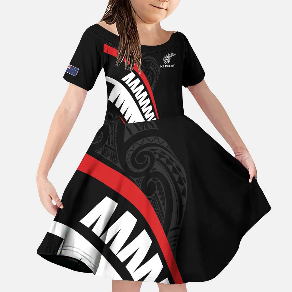 New Zealand Rugby Custom Family Matching Puletasi and Hawaiian Shirt Sporty Silver Fern Shape with Maori Tattoos LT03 Daughter's Dress Black - Polynesian Pride