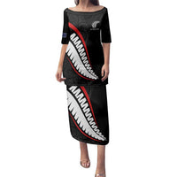 New Zealand Rugby Custom Family Matching Puletasi and Hawaiian Shirt Sporty Silver Fern Shape with Maori Tattoos LT03 Mom's Dress Black - Polynesian Pride