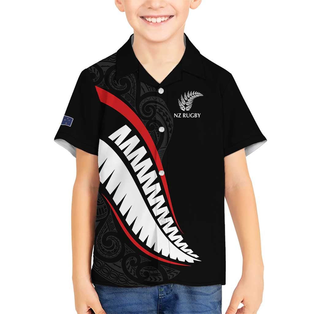 New Zealand Rugby Custom Family Matching Puletasi and Hawaiian Shirt Sporty Silver Fern Shape with Maori Tattoos LT03 Son's Shirt Black - Polynesian Pride