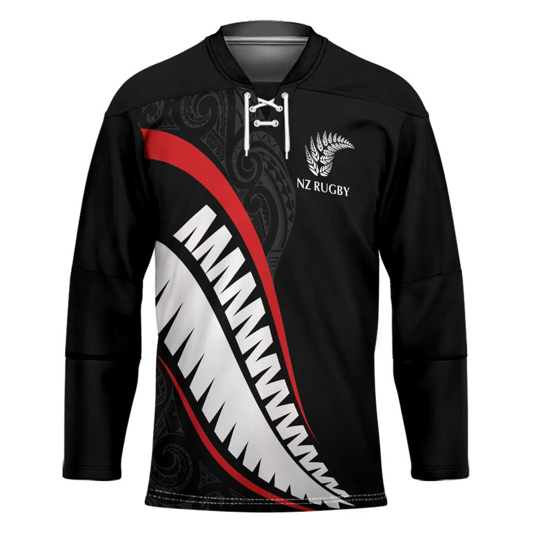 New Zealand Rugby Custom Hockey Jersey Sporty Silver Fern Shape with Maori Tattoos - Polynesian Pride