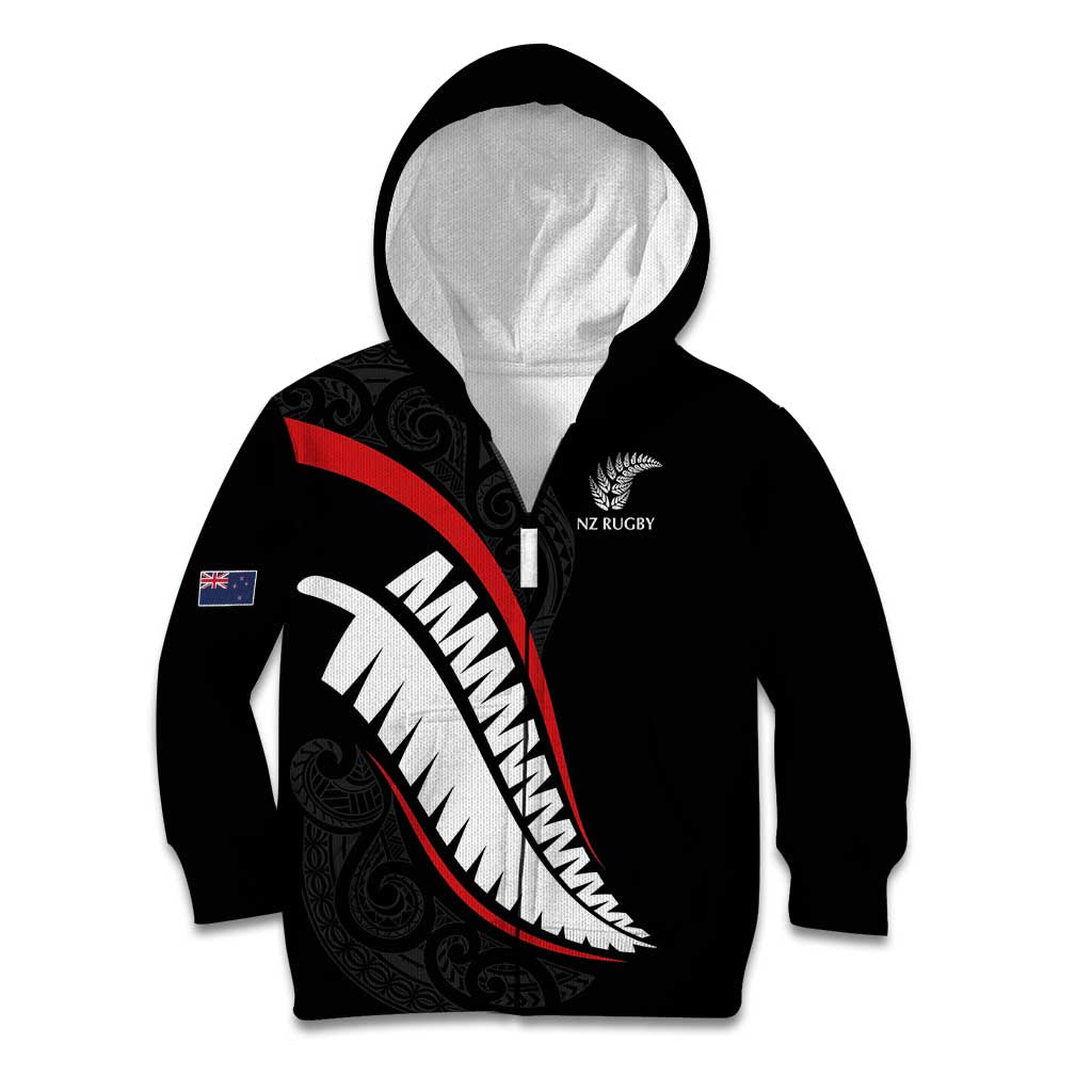 New Zealand Rugby Custom Kid Hoodie Sporty Silver Fern Shape with Maori Tattoos - Polynesian Pride