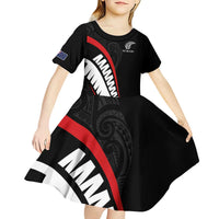 New Zealand Rugby Custom Kid Short Sleeve Dress Sporty Silver Fern Shape with Maori Tattoos - Polynesian Pride