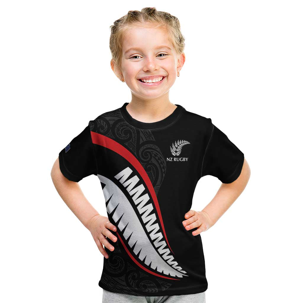 New Zealand Rugby Custom Kid T Shirt Sporty Silver Fern Shape with Maori Tattoos LT03 Black - Polynesian Pride