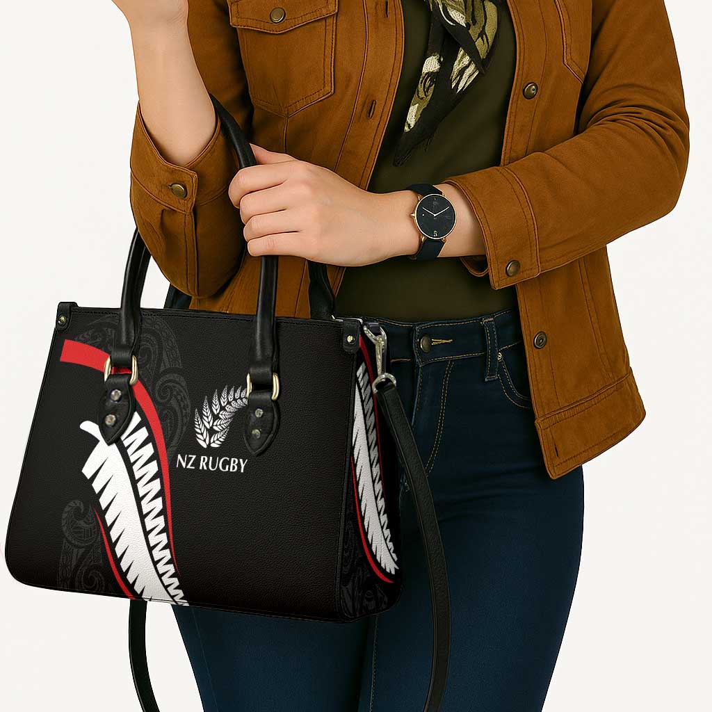 New Zealand Rugby Leather Bag Sporty Silver Fern Shape with Maori Tattoos - Polynesian Pride