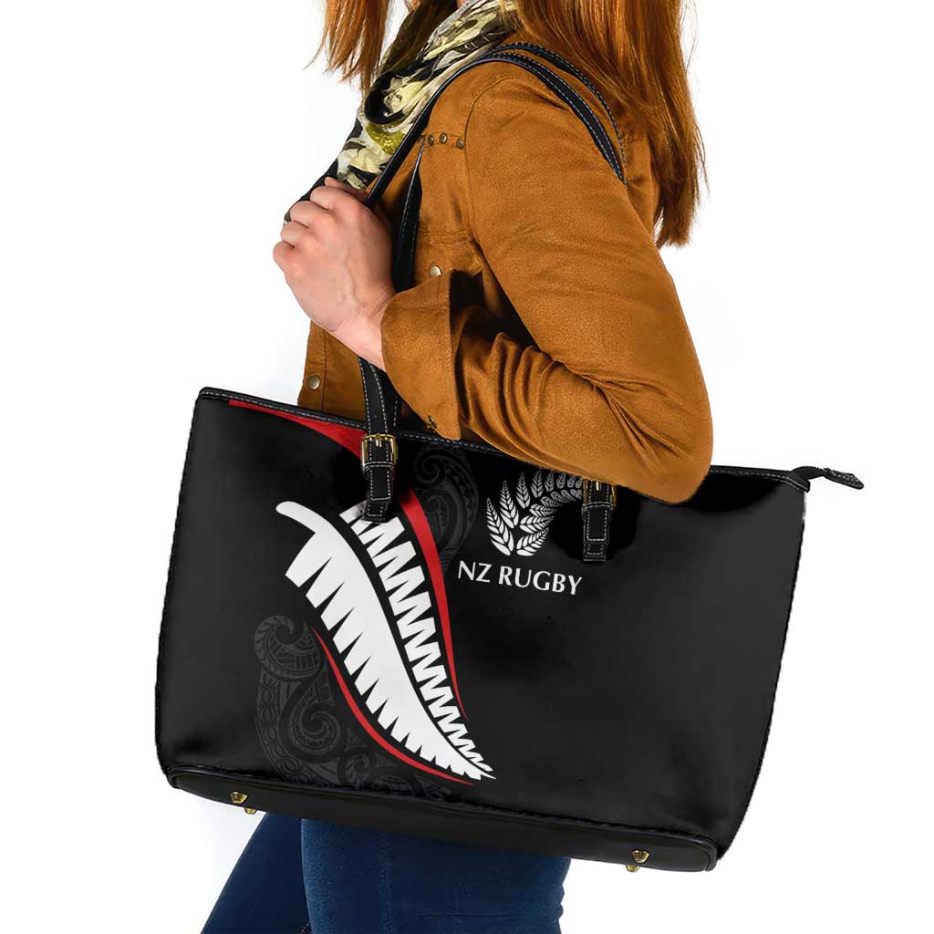 New Zealand Rugby Leather Tote Bag Sporty Silver Fern Shape with Maori Tattoos LT03 Black - Polynesian Pride