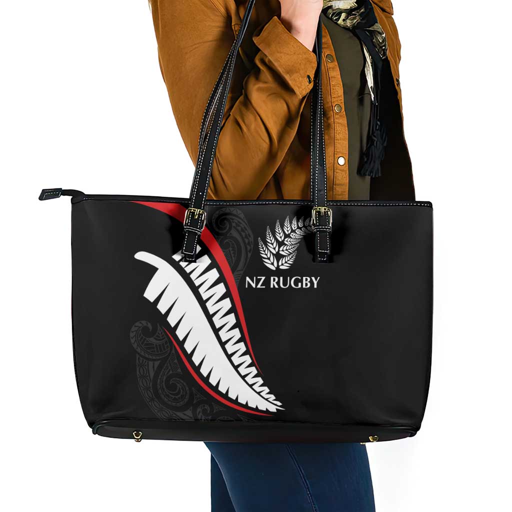 New Zealand Rugby Leather Tote Bag Sporty Silver Fern Shape with Maori Tattoos LT03 - Polynesian Pride